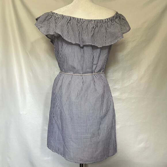 You and I Off Shoulder Dress Womens Sz L Blue Stripe Ruffle Tassel Cottage Core - Picture 6 of 11
